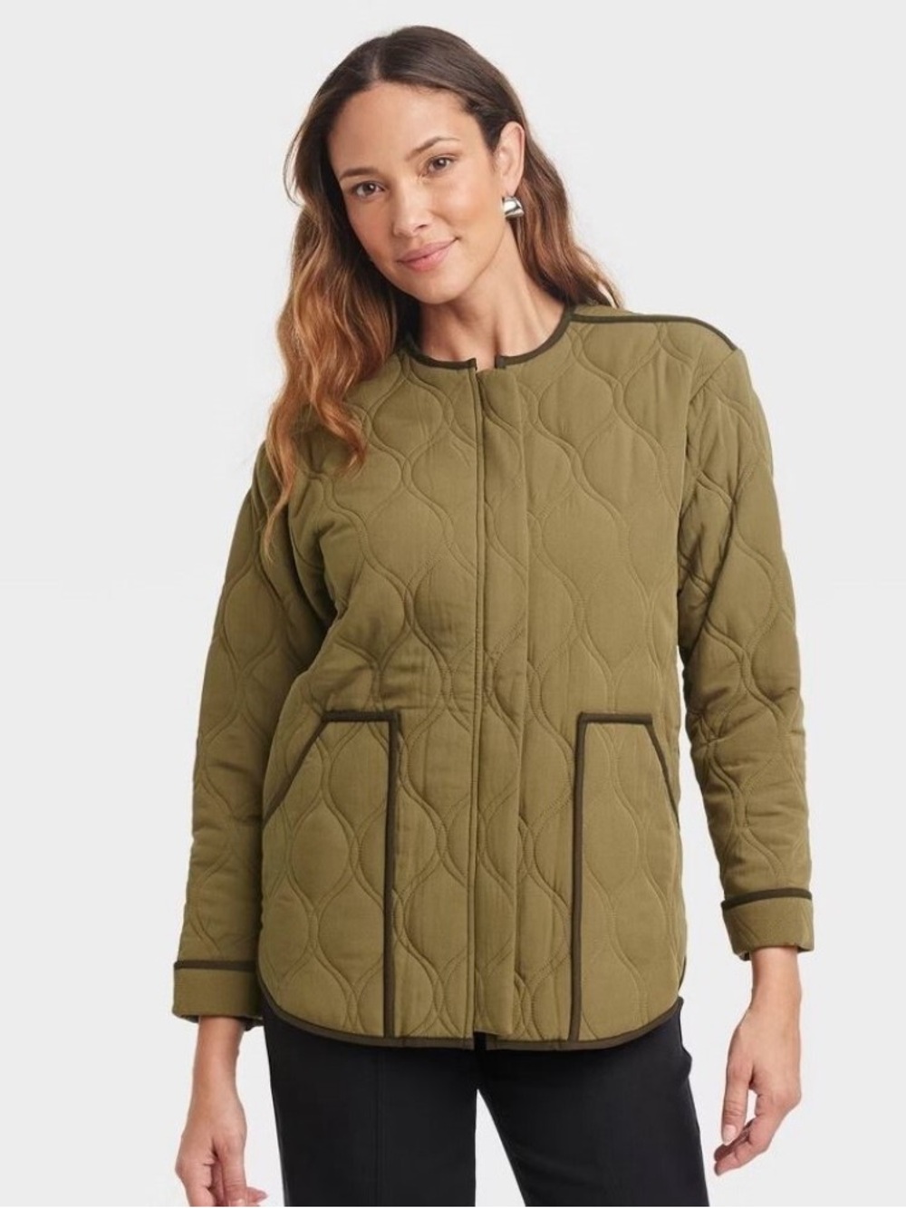 Knox Rose Olive Quilted Collarless Jacket with Dark Trim